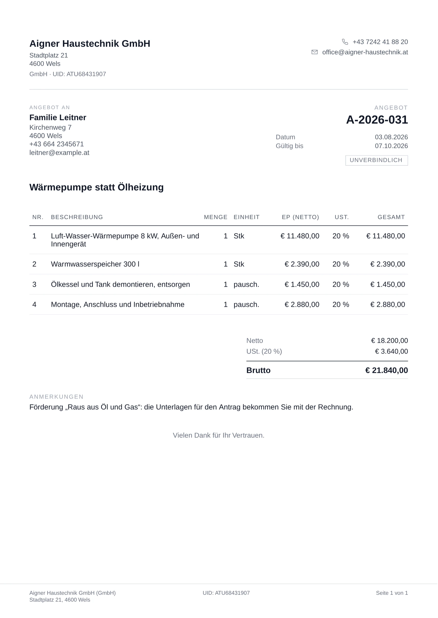Das Angebot A-2026-031 an Familie Leitner als PDF: Wärmepumpe, Speicher, Demontage, Montage, brutto 21.840 Euro