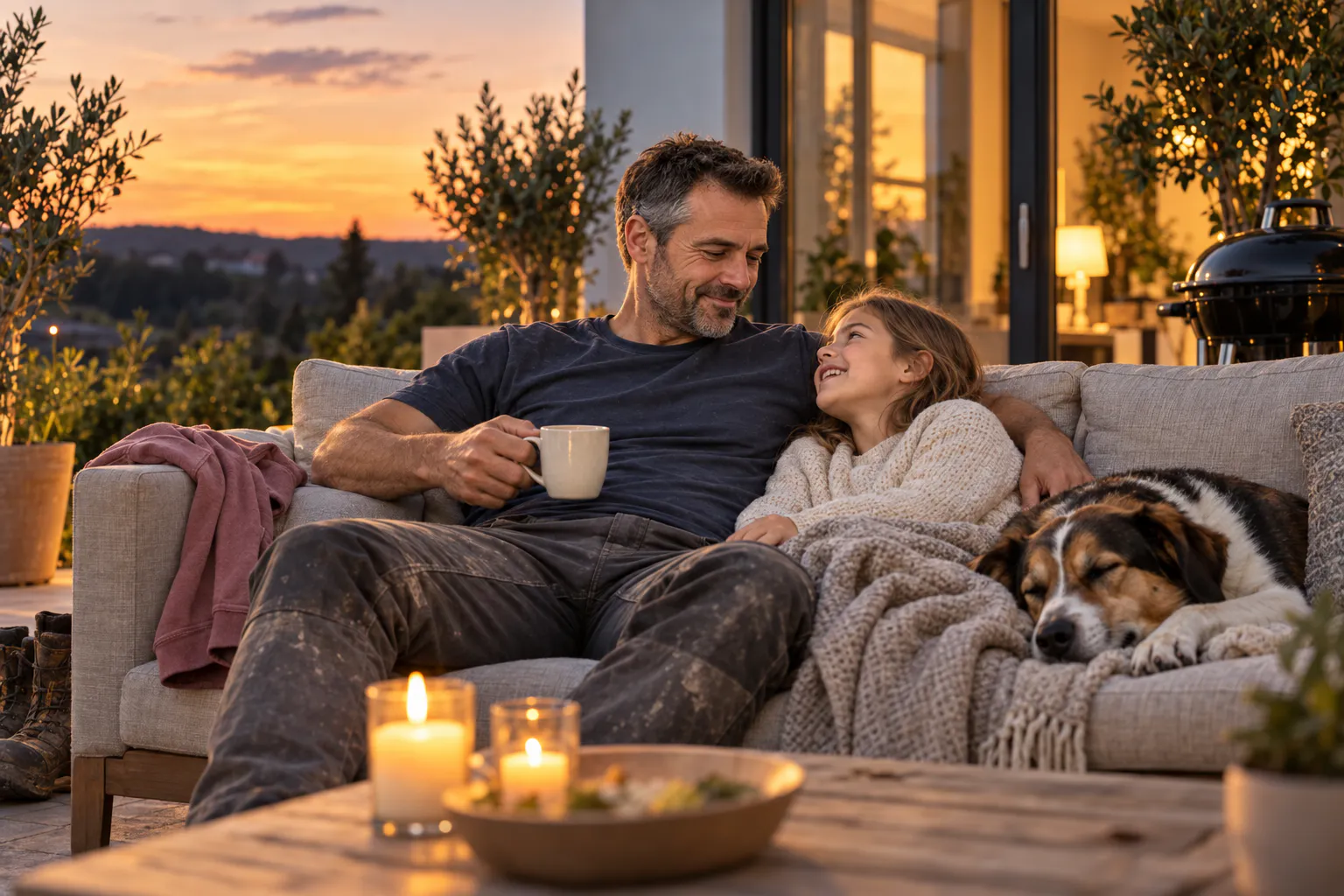 Martin sitzt am Abend auf der Terrasse, eine Tasse Tee in der Hand, seine Tochter lehnt an ihm, der Hund schläft daneben