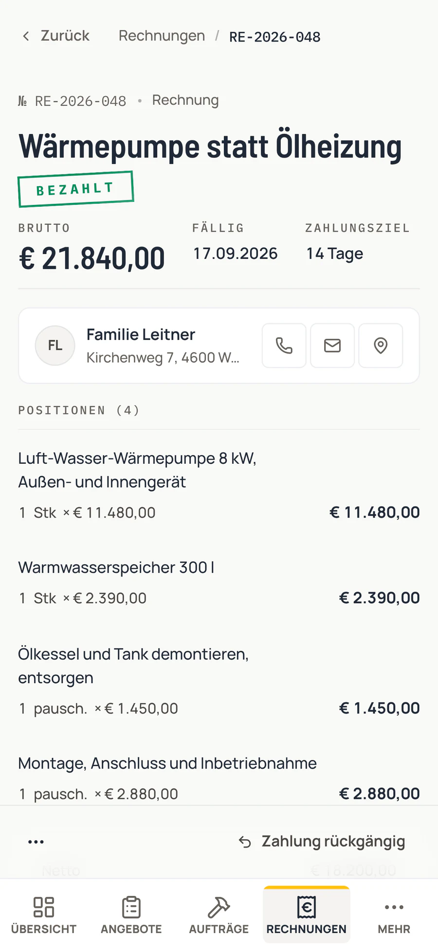 Dieselbe Rechnung am Handy, bezahlt