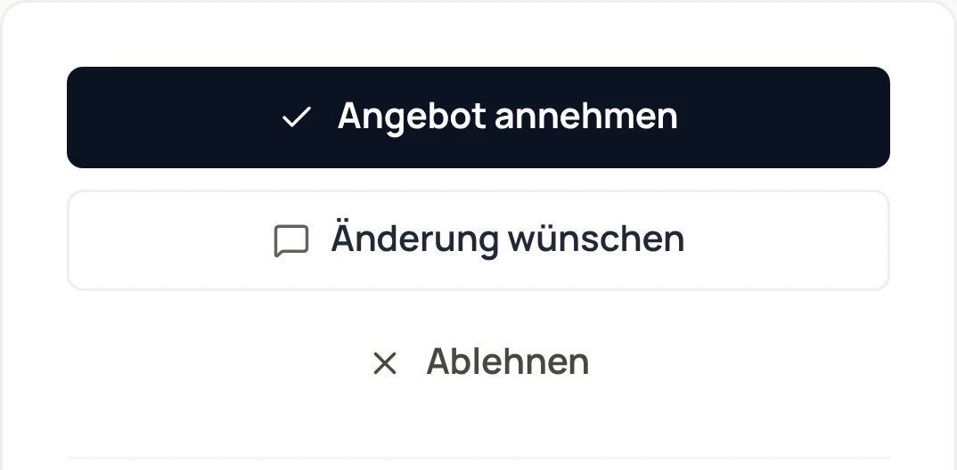 Die Knöpfe, die Familie Leitner im Angebot sieht: Angebot annehmen, Änderung wünschen, Ablehnen